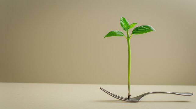 Green sprout growing from a fork, symbolizing sustainable food or agricultural innovation themes