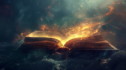 Mystical book engulfed in flames, perfect for fantasy book covers and magical themed advertisements