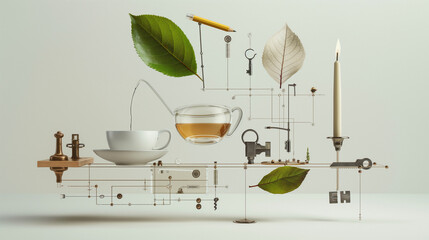Artistic composition with tea cup and mechanical elements ideal for modern graphic design and...