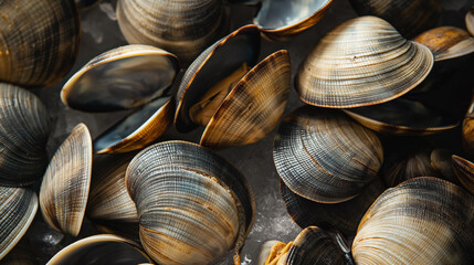 Group of fresh shellfish with intricate patterns, clustered together, glistening with moisture.