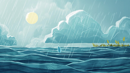 Stylized illustration of a rainy seascape with a solitary boat, ideal for storytelling in educational materials or creative web design. - obrazy, fototapety, plakaty