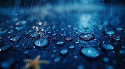 Raindrops glisten on a deep blue surface under the night sky, reflecting the world in miniature. - Powered by Adobe