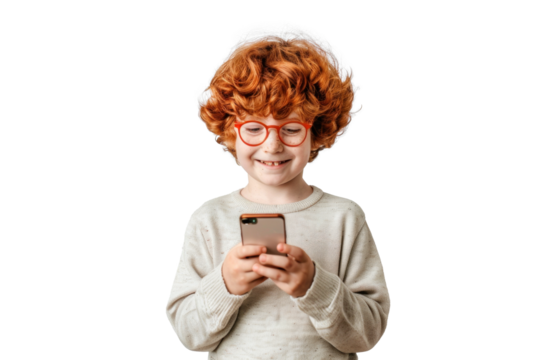 Redhead Boy with Phone on Transparent Background
