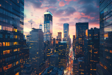 Dramatic twilight cityscape featuring a cluster of illuminated skyscrapers against a vibrant...
