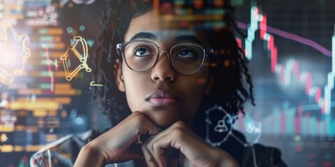 Young African-American Woman in Tech Workplace Contemplating Future Innovations