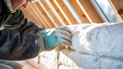 Worker installing thermal insulation in a wooden construction. Close-up shot of hands in gloves fitting insulation material. Construction and energy-saving concept