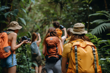 Fototapeta premium A team of adventurers with cameras trekking through the dense foliage of a tropical rainforest, exploring and capturing nature..