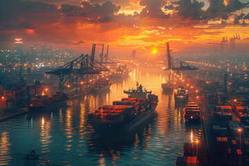 Golden sunrise illuminating a busy shipping port with cargo ships and cranes, highlighting the beauty of industrial commerce..