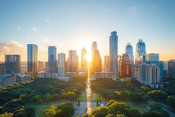 The sun rises, casting a warm glow on the skyscrapers of an urban skyline, highlighting the city's...