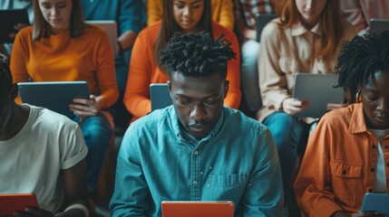 Young African-American Male and Diverse Peers Engaged in Tech Activity in a Modern Classroom Setting