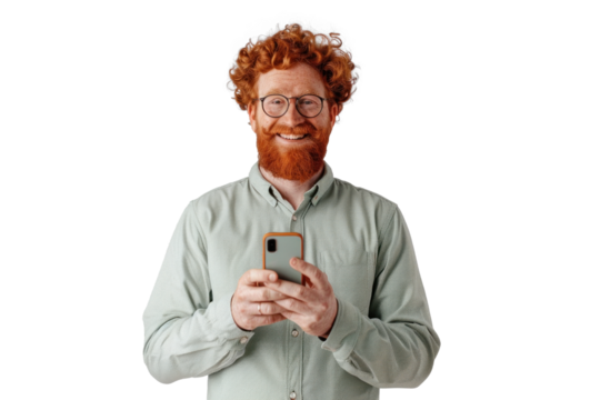 Redhead Man with Phone on Transparent - Powered by Adobe