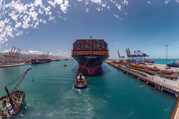 Obraz premium A cargo ship laden with containers is guided by tugboats into a bustling port, with cranes and docked ships against a mountainous backdrop..