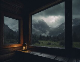 The outdoor scenery viewed through the large window, soon to be cloudy as if rain is imminent - obrazy, fototapety, plakaty