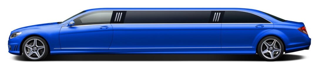 Modern blue limousine on a transparent background in png format.