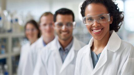 Fototapeta premium Diverse group of smiling scientists in lab coats stands in a laboratory, embodying teamwork and successful research.