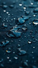 Dark blue background with water drops creating a captivating contrast on a two-dimensional plane. Water drops on a minimalist scene radial gradient.