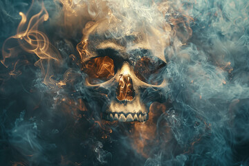 A human skull partially shrouded in a flowing, ghostly smoke against a black background, evoking mystery and mortality. - 781420075