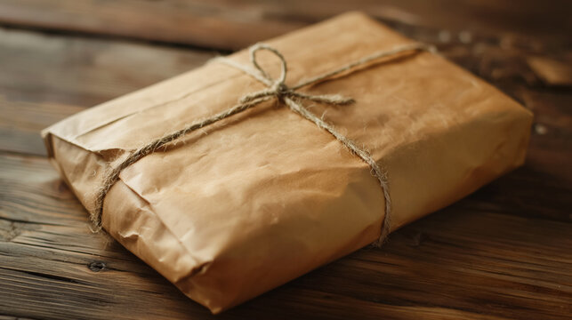 Nostalgically wrapped package with brown paper and string, evoking a sense of traditional mail delivery.