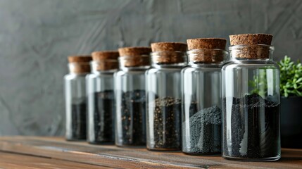 Transparent Glass Jars With Cork Lids Filled With Black Soil and Bath Salts Arranged In A Row On Wooden Shelf. Soil-Based Cosmetics, Eco Beauty, Organic Skincare. AI Generated