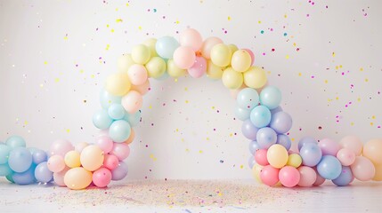 pastel color balloon art arch frame, photo background, balloon flowers, sprinkle of confetti, modern birthday celebration