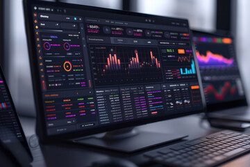 An array of trading monitors displaying colorful stock market graphs and analysis, set against the backdrop of a city skyline at dusk.. - obrazy, fototapety, plakaty