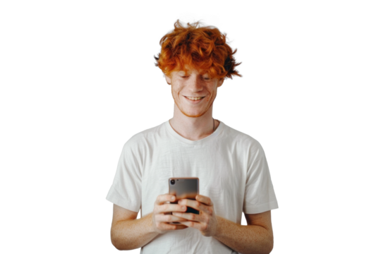 Redhead Man with Phone on Transparent