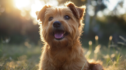 Small, joyful terrier dog sits in the sunlight, looking up with a bright and happy expression on a grassy field.