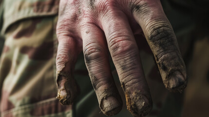 Hands caked in mud, reflecting the toil and physical labor of working with the earth.