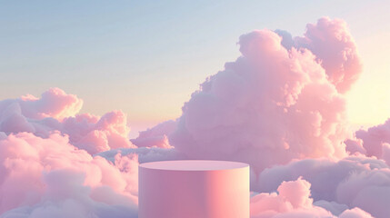 A podium for placing and advertising products. Podium in the form of a cylinder in the clouds against the sky. Pastel colors.