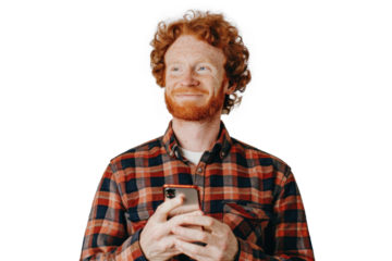 Redhead Man with Phone on Transparent