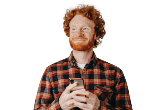 Redhead Man with Phone on Transparent - Powered by Adobe