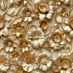 Ornate Gold Flowers Seamless Pattern, Endless Carved Floral 3d Ornament, Gold Flowers Tile