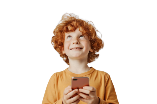 Redhead Boy with Phone on Transparent Background