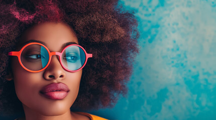 Stylish woman wears vibrant orange glasses, her confident gaze set against a blue textured...