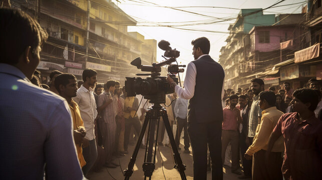 A journalist reporting news with a camera in middle of the crowd in india 