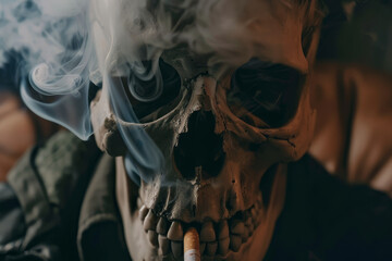 A human skull with a lit cigarette in its mouth, enveloped by intricate patterns of swirling smoke, conveying the impact of smoking.