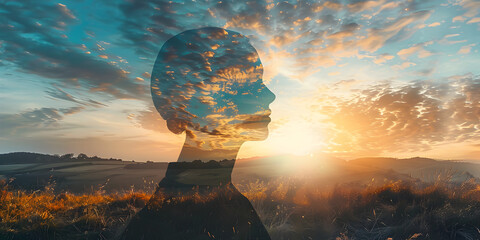 Double exposure of a person's head against a sunset backdrop, creating a captivating blend of...