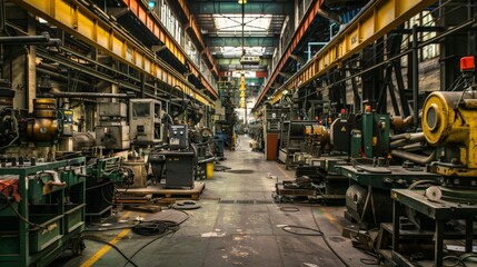 A wide shot of a workshop. The workshop is filled with tools and machinery. The workers are using the tools and machinery to repair and maintain the factory equipment.