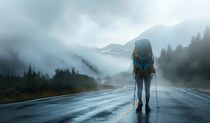Solo traveler trekking in rainy mountainscape - obrazy, fototapety, plakaty