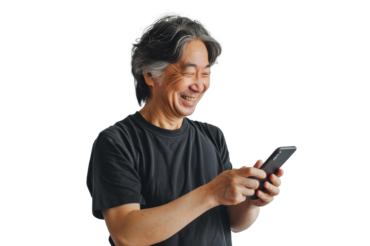 East Asian Man Smiling Using Smartphone