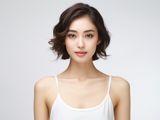 Obraz premium pretty Asian model wearing white tank top smiling with clean flawless skin, skincare and healthy theme concept, Generative Ai