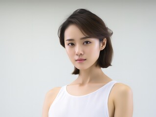 Fototapeta premium pretty Asian model wearing white tank top smiling with clean flawless skin, skincare and healthy theme concept, Generative Ai