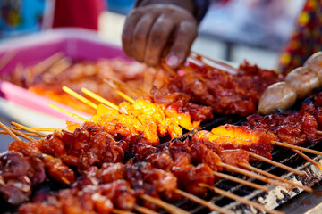Grilled skewers chicken meat on barbecue grill