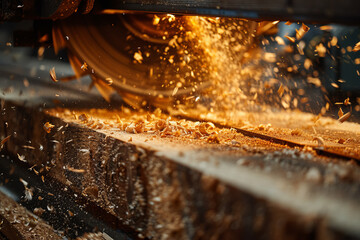 Focused lumberjack in safety gear using a chainsaw to cut through a tree, with sawdust flying around.