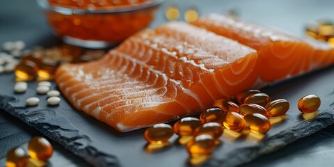 Macro Shot of Omega Capsules and Fatty Fish Underlining Specific Nutrient Supplementation