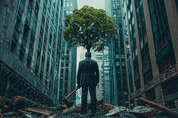 A solemn man stands with an axe facing the last tree amidst the ruins of a devastated urban landscape. - obrazy, fototapety, plakaty