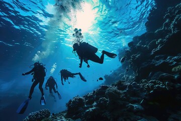 Scuba Diving Men in Blue Water, Diving in the Great Barrier Reef, Tropical Divers, Deep Underwater