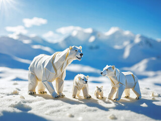 Origami paper polar bear family on a snowy surface in North Pole. Children's book illustration.