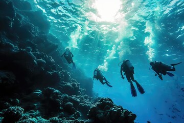 Obraz premium Scuba Diving Men in Blue Water, Diving in the Great Barrier Reef, Tropical Divers, Deep Underwater