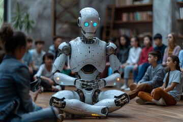 Students gathered around as a cyborg demonstrates cutting-edge technology, a classroom of the future